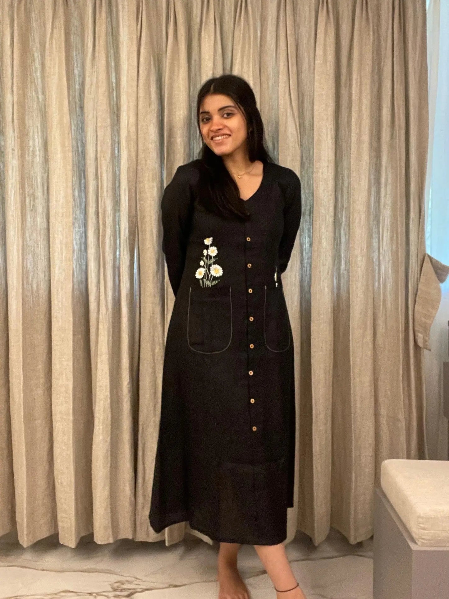 Embroidered Button-Down Linen Dress in Black Sabr India