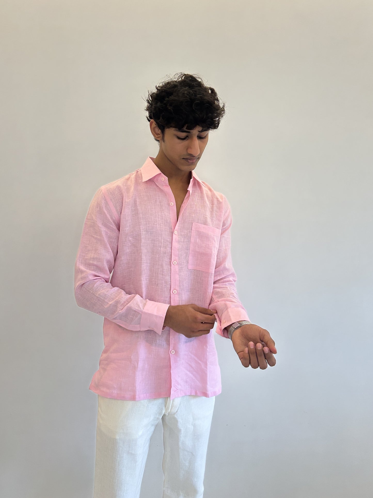 Men's Pure Linen Shirt – Soft Pink Classic with Pocket Sabr India