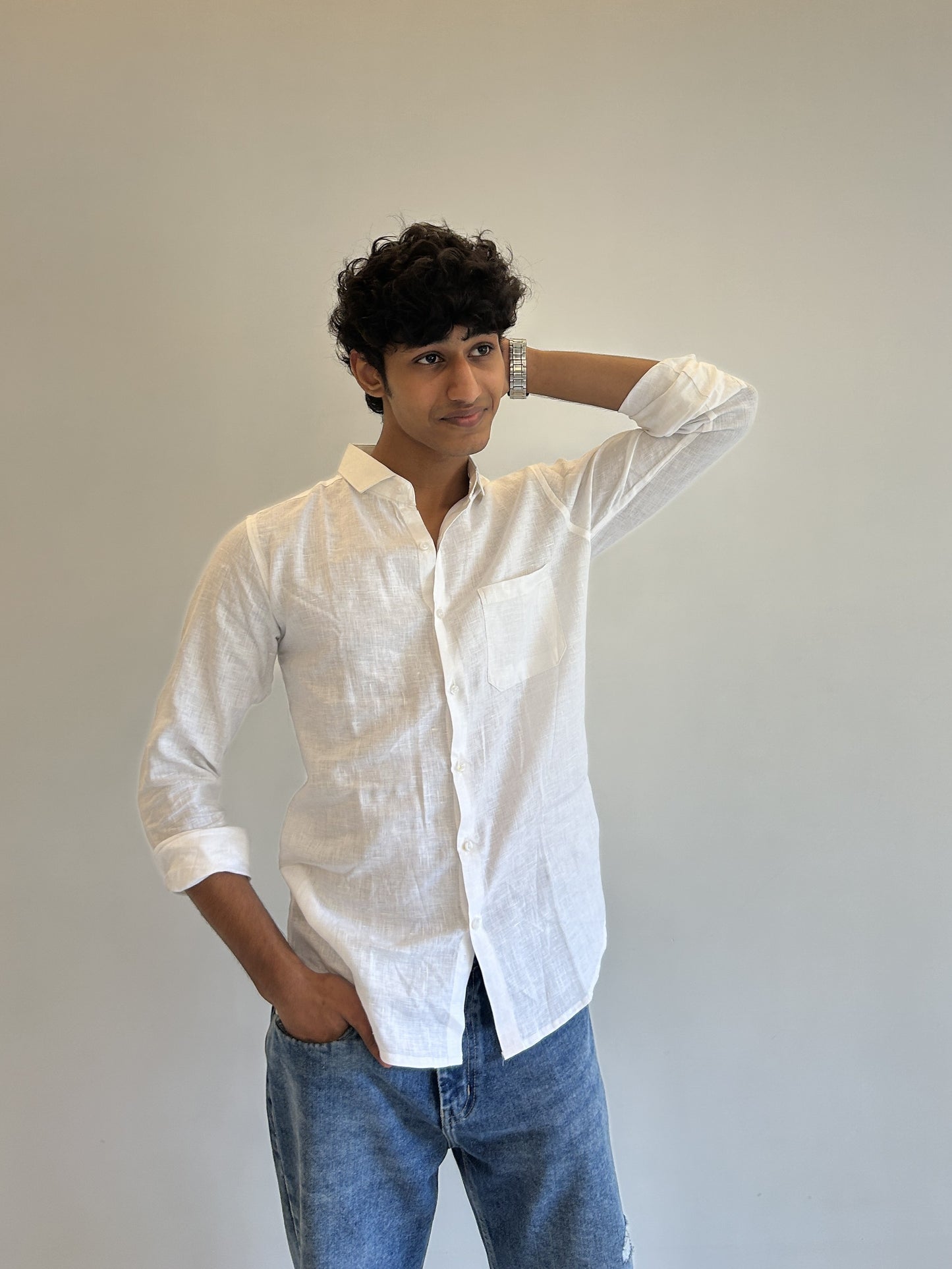 Men's Pure Linen Shirt – Classic White with Pocket Sabr India