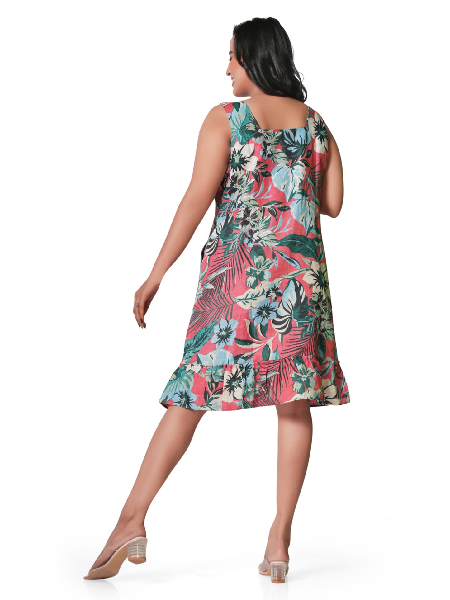 Tropical Coral Floral Sleeveless Linen Dress
