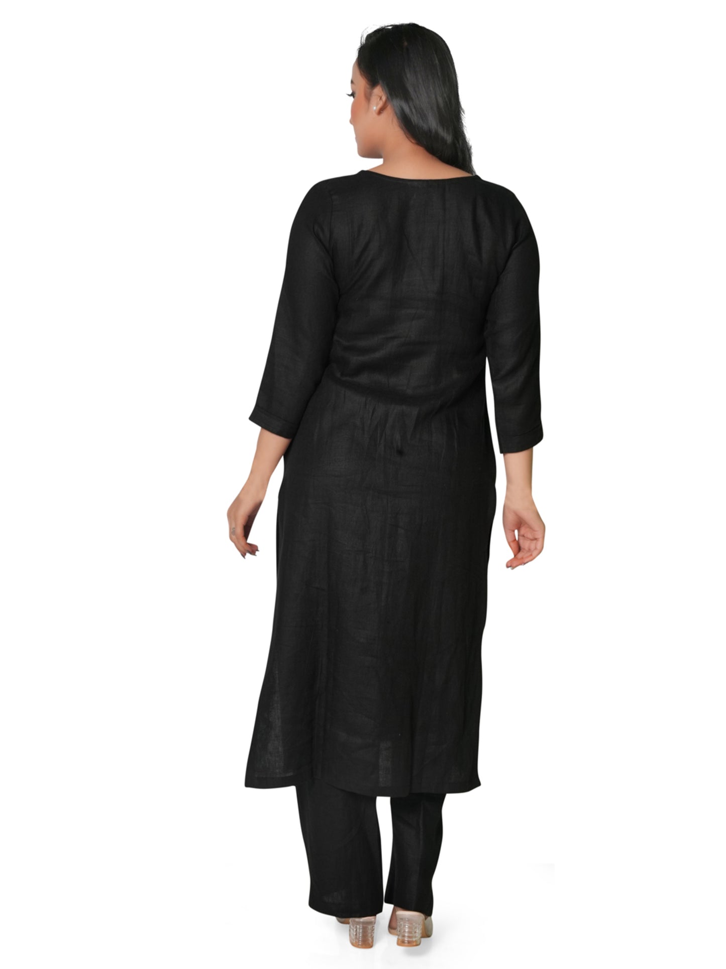 Solid Black Pure Linen Kurta Pant Co-Ord Set for Women