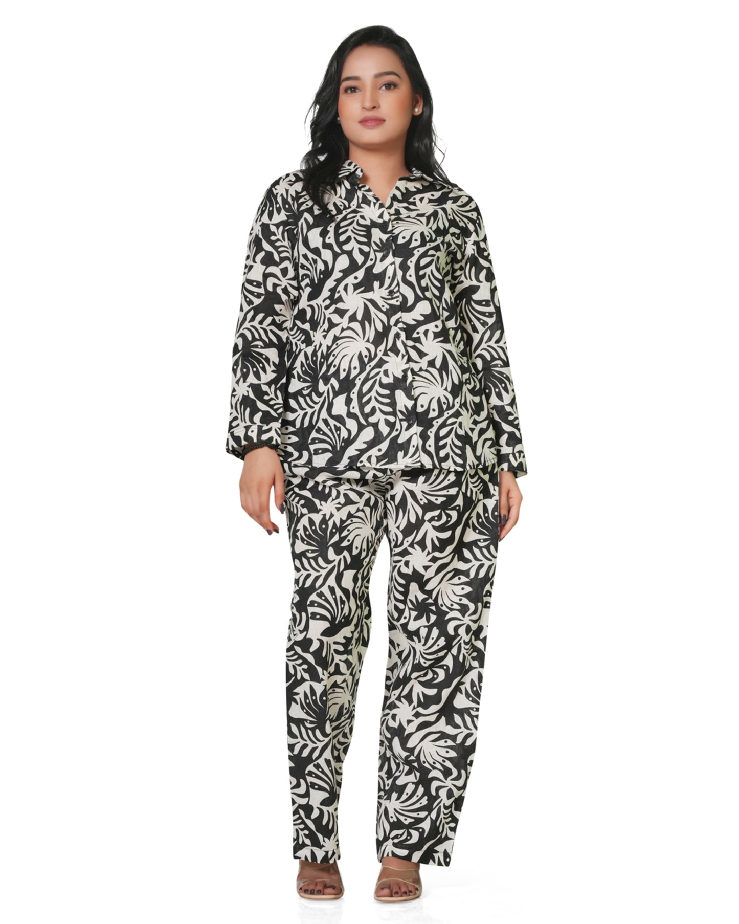 Women's Black & White Leaf Print Linen Co-ord Set – Shirt & Straight Pant