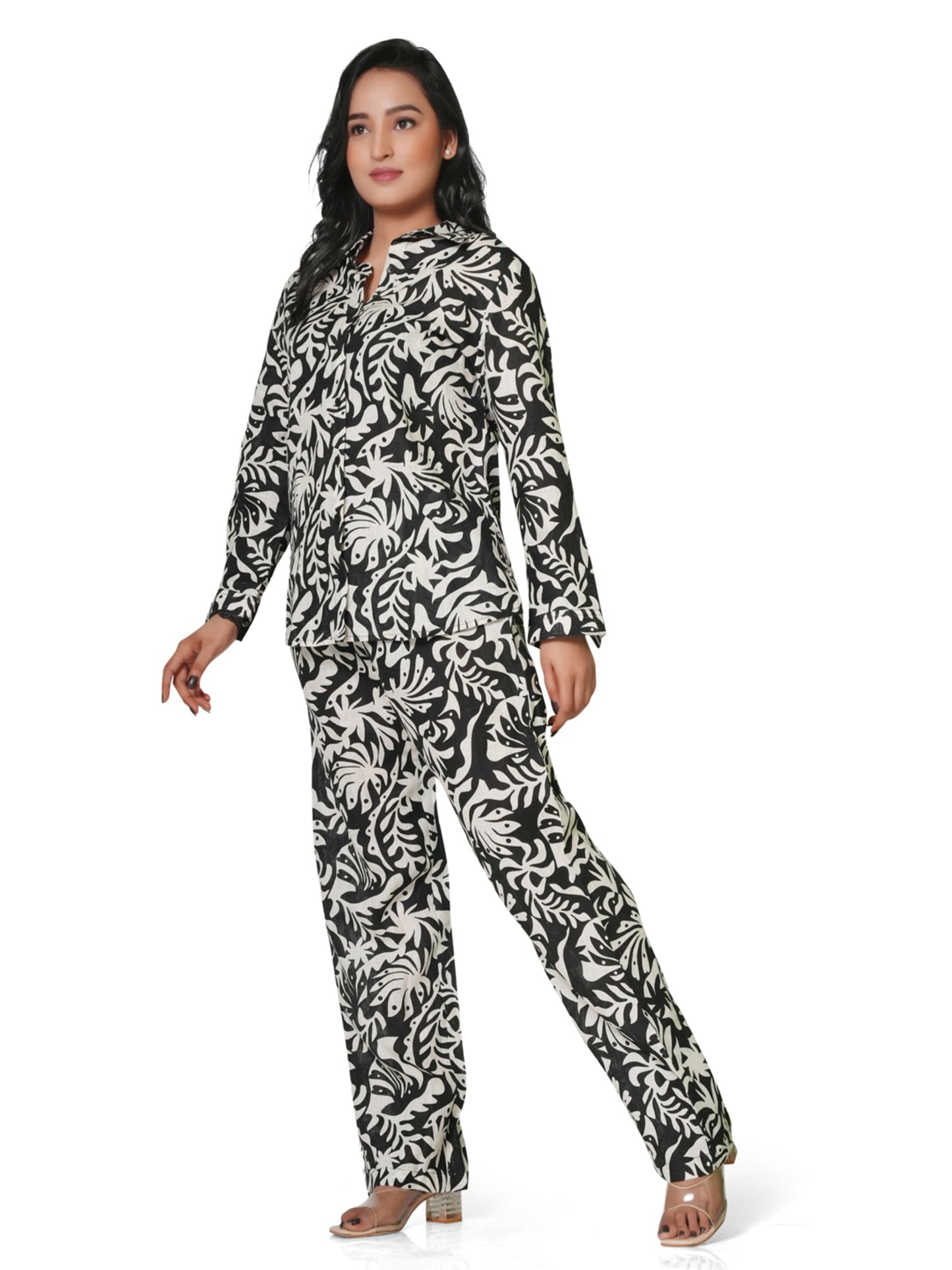 Women's Black & White Leaf Print Linen Co-ord Set – Shirt & Straight Pant