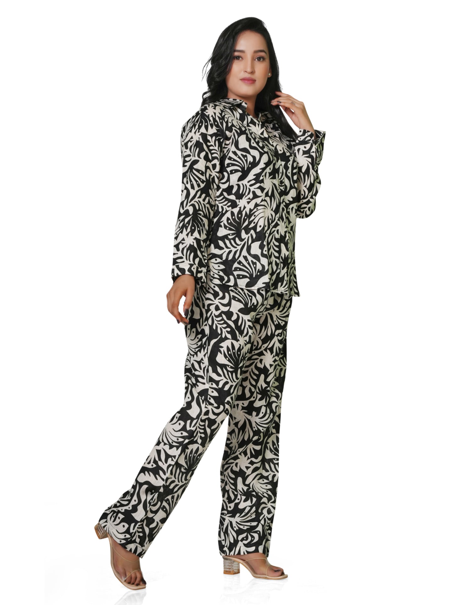 Women's Black & White Leaf Print Linen Co-ord Set – Shirt & Straight Pant