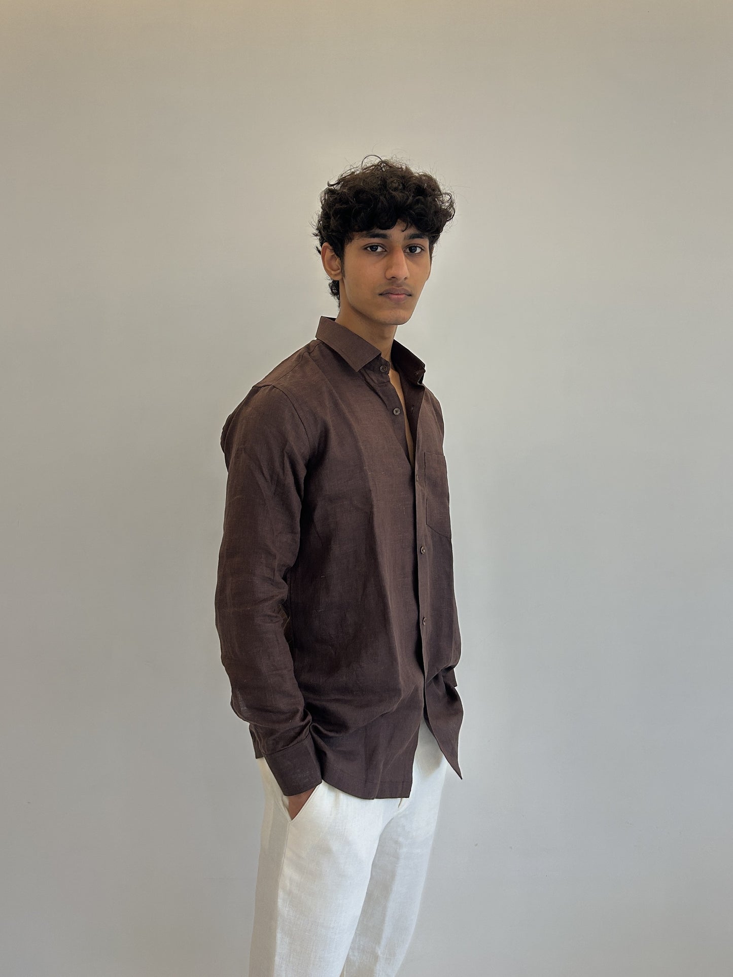 Men's chocolate brown linen shirt side view 