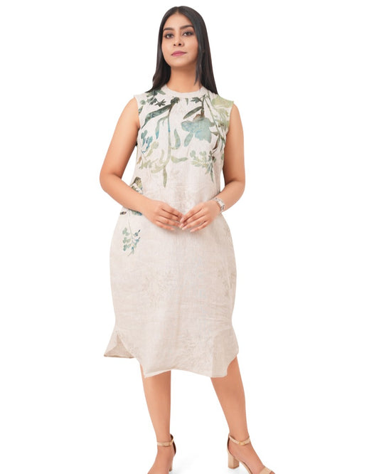 Botanical Print Pure Linen Shift Dress