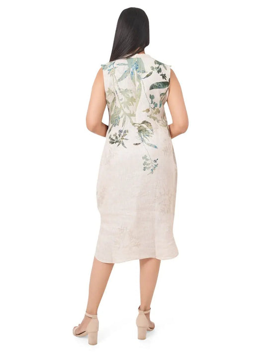 Botanical Print Pure Linen Shift Dress Sabr India