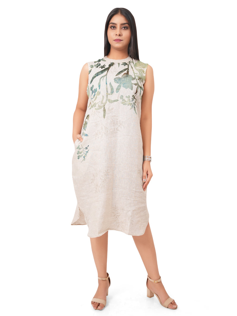 Botanical Print Pure Linen Shift Dress