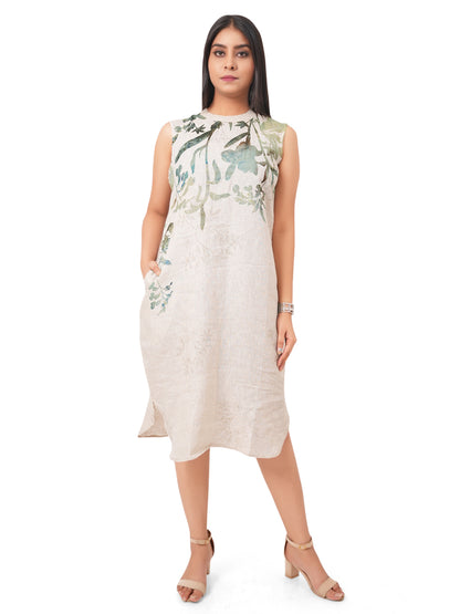 Botanical Print Pure Linen Shift Dress