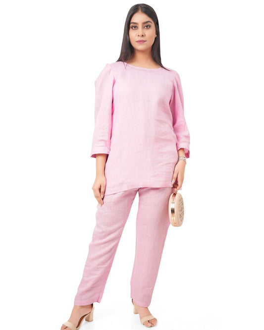 Blush Pink Embroidered Pure Linen Co-Ord Set