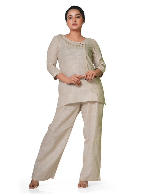 Asymmetric Neck Pure Linen Co-Ord Set in Beige