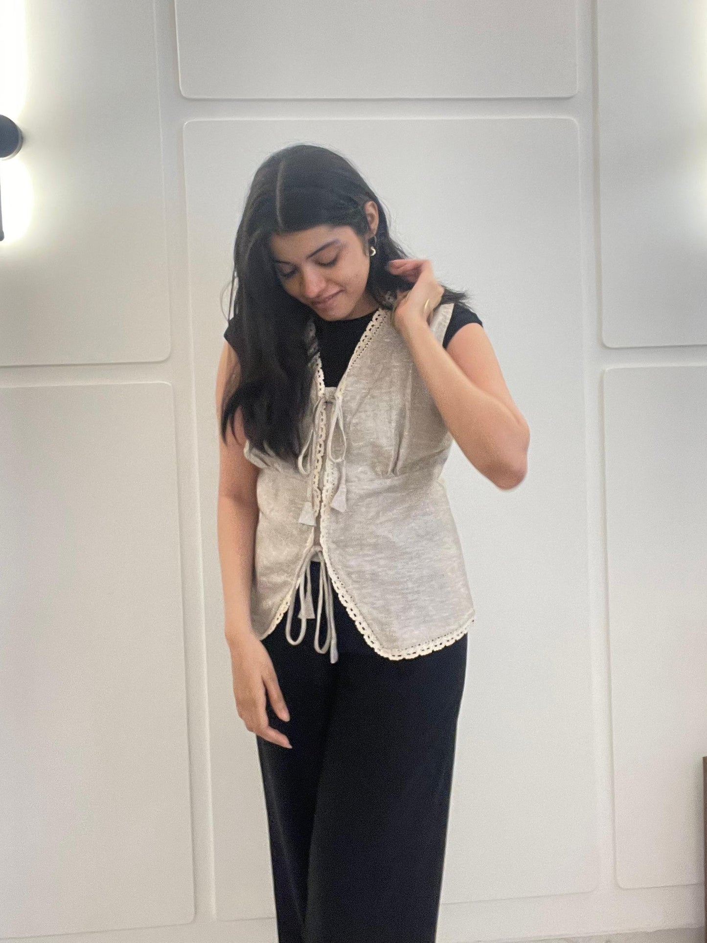 Lace Trim Tie-Up Linen Waistcoat in Natural Beige