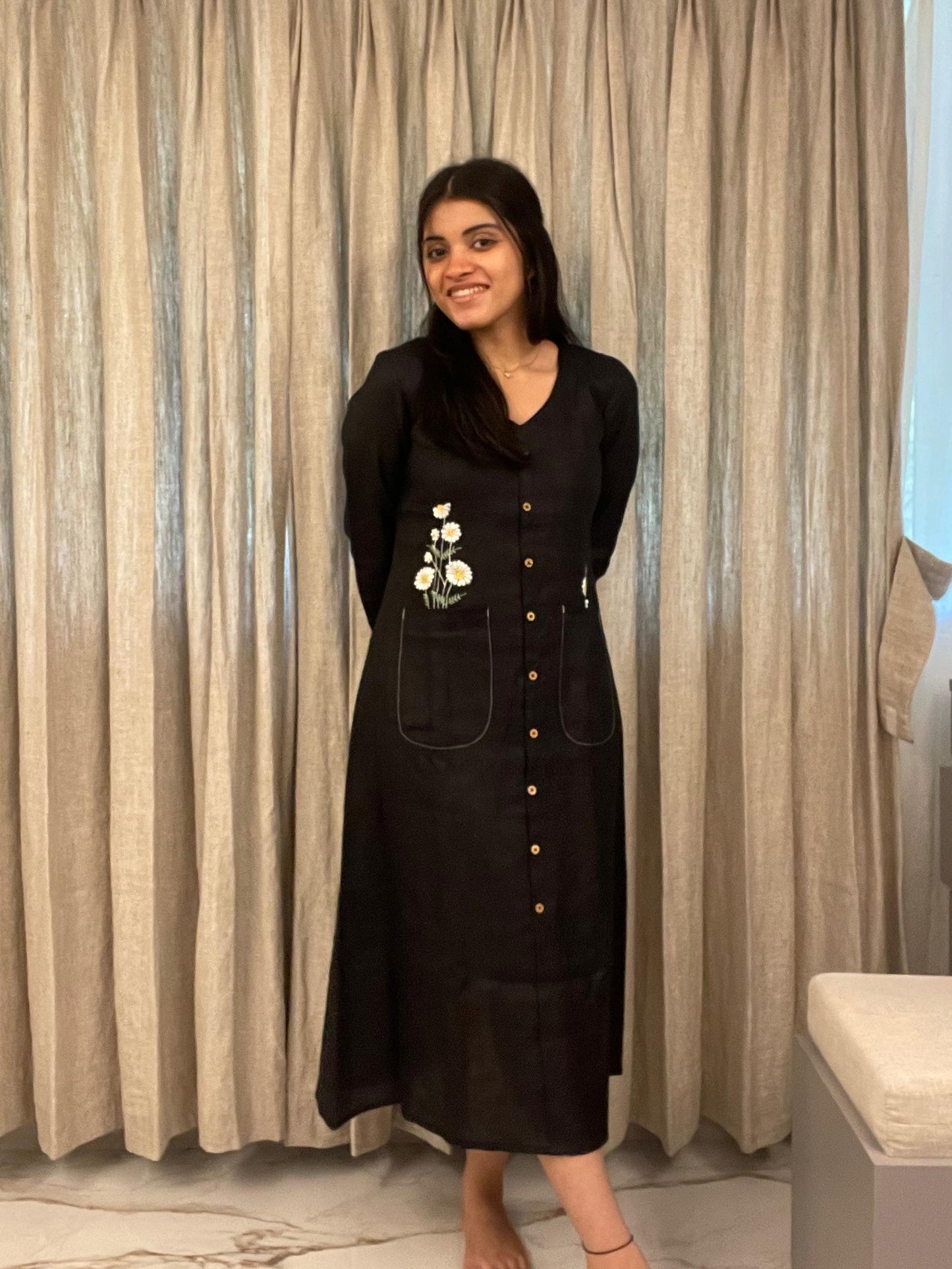 Embroidered Button-Down Linen Dress in Black