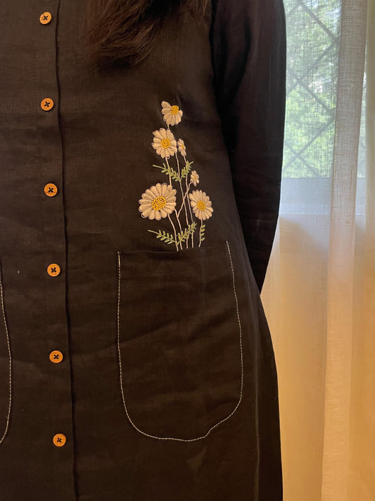 Embroidered Button-Down Linen Dress in Black Sabr India