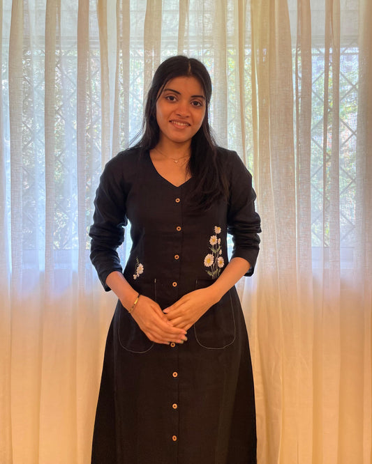 Embroidered Button-Down Linen Dress in Black