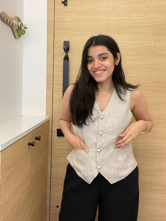 Pearl Button Pure Linen Waistcoat in Beige Sabr India