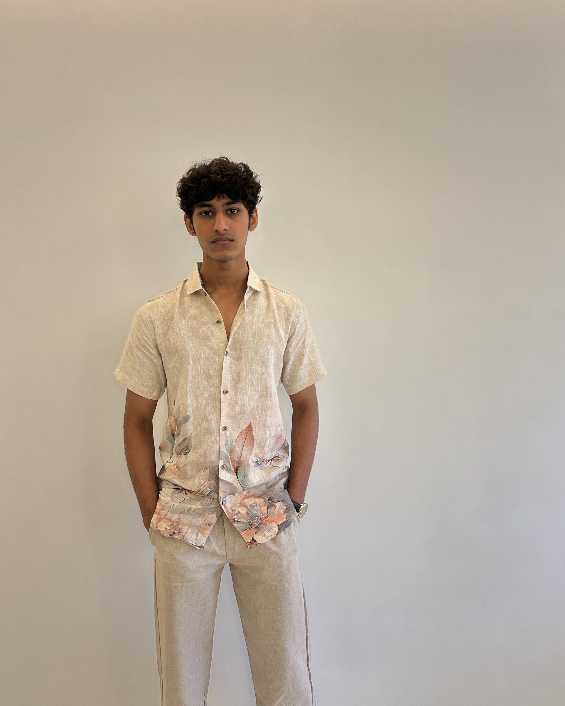 Beige Pure Linen Shirt with Digital Floral Hem Print Sabr India
