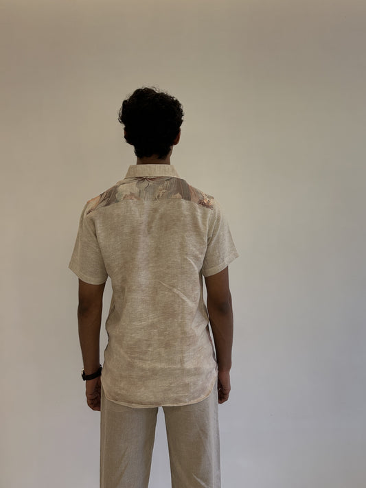 Beige Pure Linen Shirt with Digital Floral Hem Print Sabr India