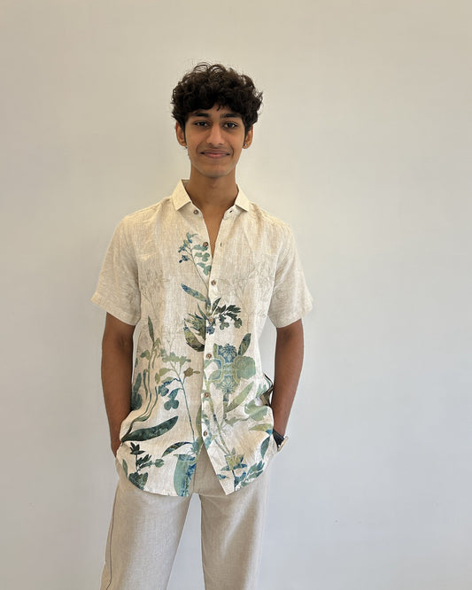 Beige Pure Linen Shirt with Green Botanical Digital Print