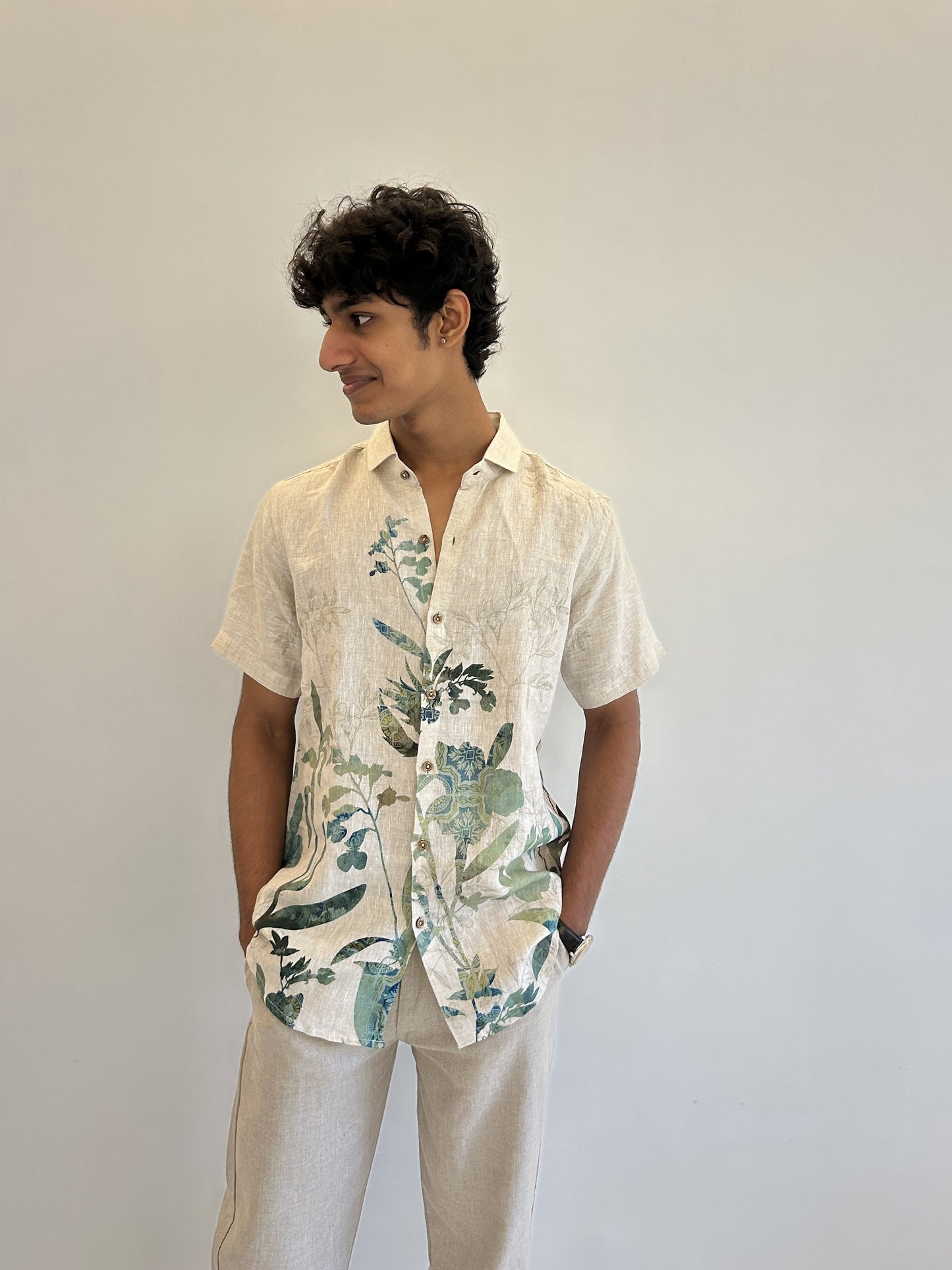 Beige Pure Linen Shirt with Green Botanical Digital Print Sabr India