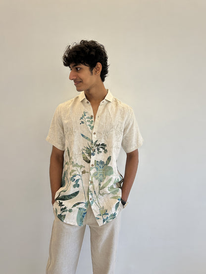 Beige Pure Linen Shirt with Green Botanical Digital Print Sabr India