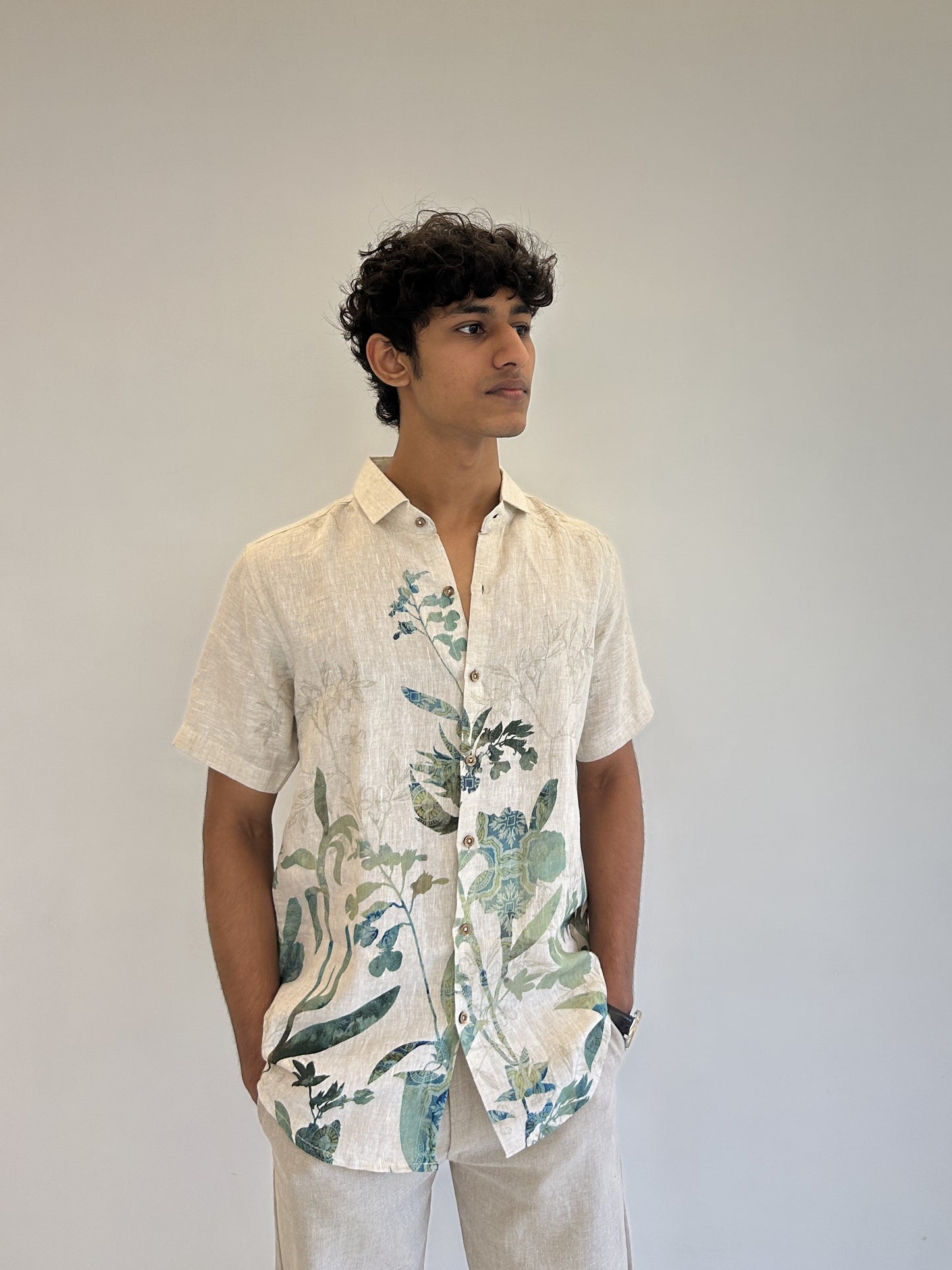 Beige Pure Linen Shirt with Green Botanical Digital Print Sabr India