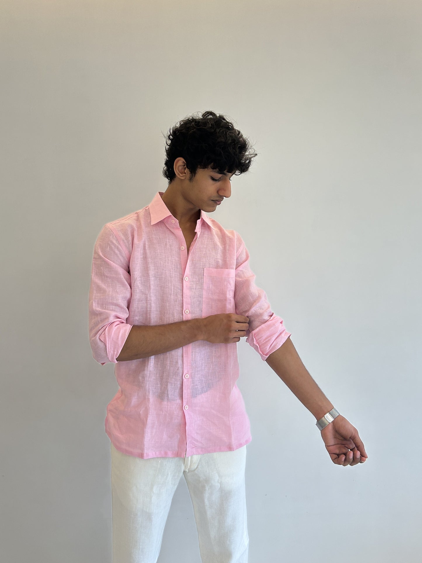 Men's Pure Linen Shirt – Soft Pink Classic with Pocket Sabr India