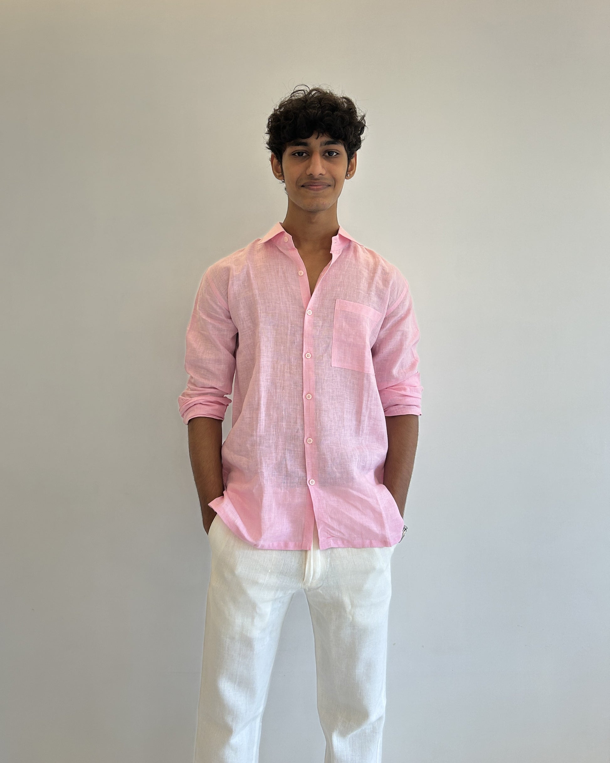 Men's Pure Linen Shirt – Soft Pink Classic with Pocket Sabr India