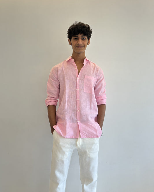 Men's Pure Linen Shirt – Soft Pink Classic with Pocket