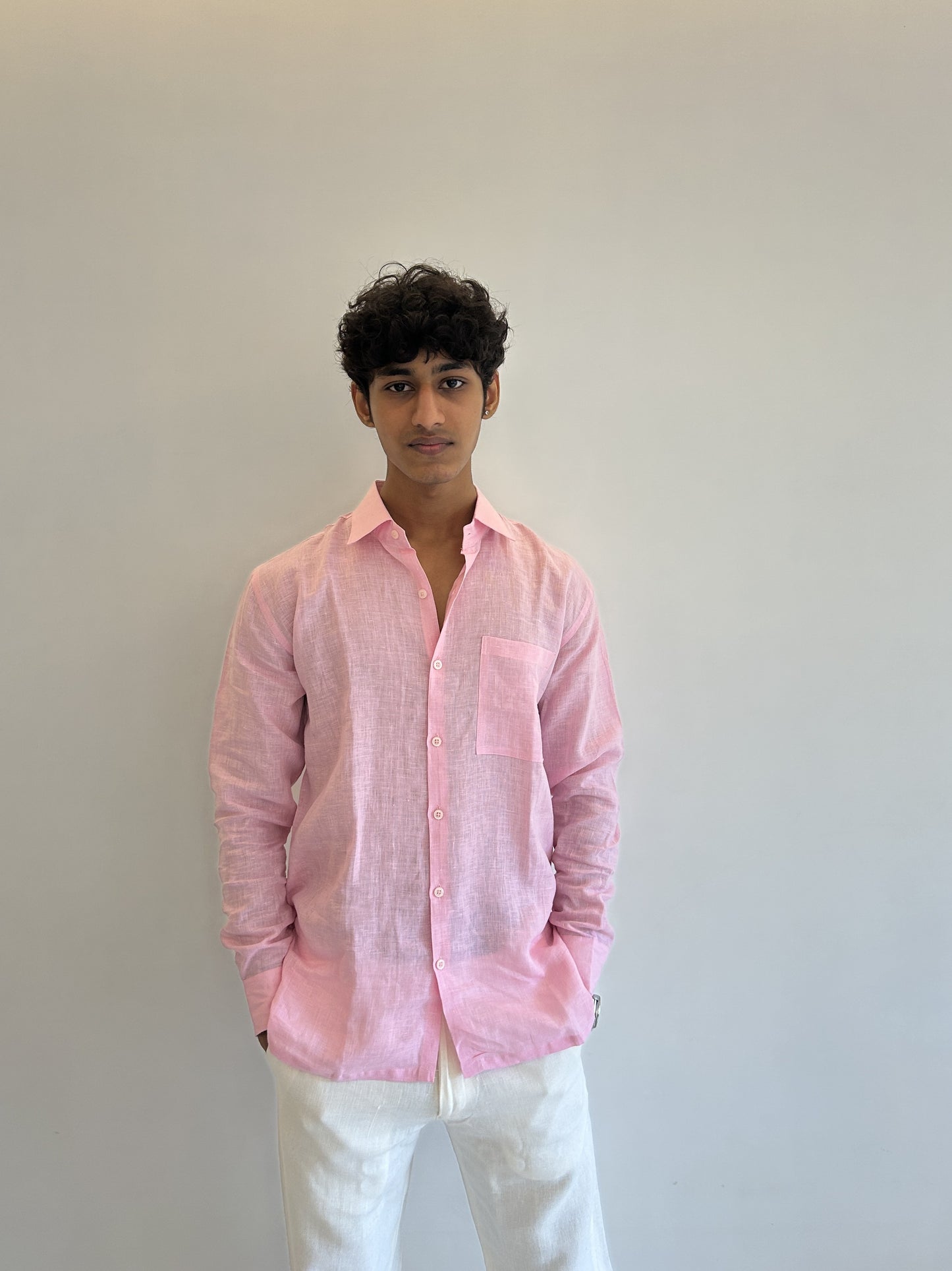 Men's Pure Linen Shirt – Soft Pink Classic with Pocket Sabr India
