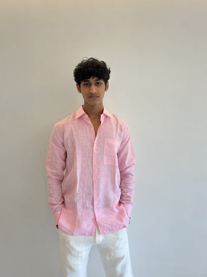 Men's Pure Linen Shirt – Soft Pink Classic with Pocket Sabr India