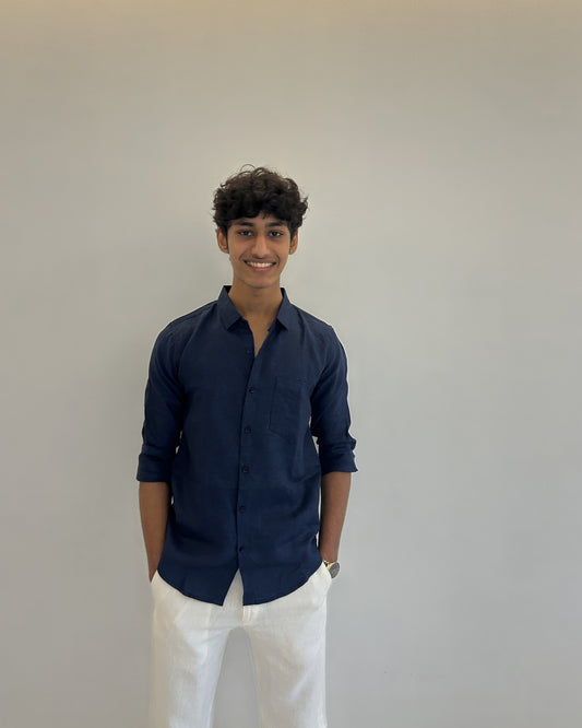 Men's Pure Linen Shirt – Deep Navy Classic with Pocket