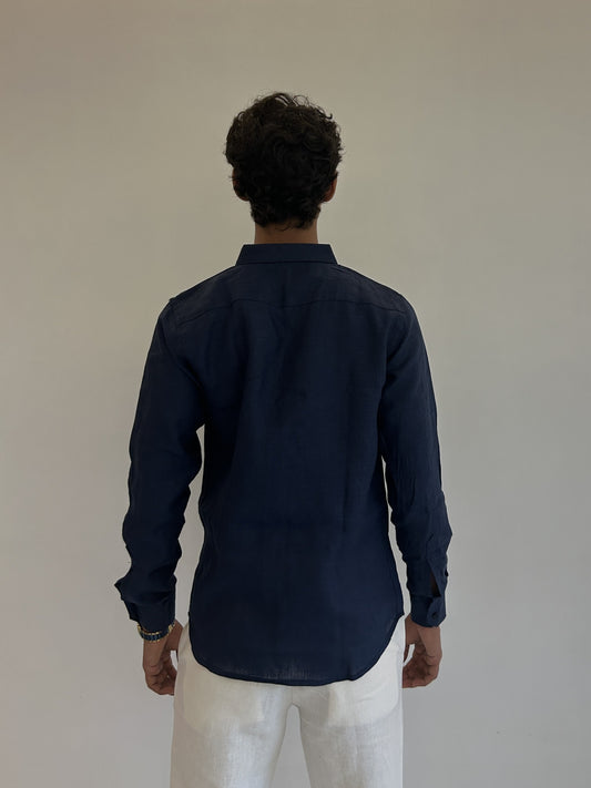 Men's Pure Linen Shirt – Deep Navy Classic with Pocket Sabr India