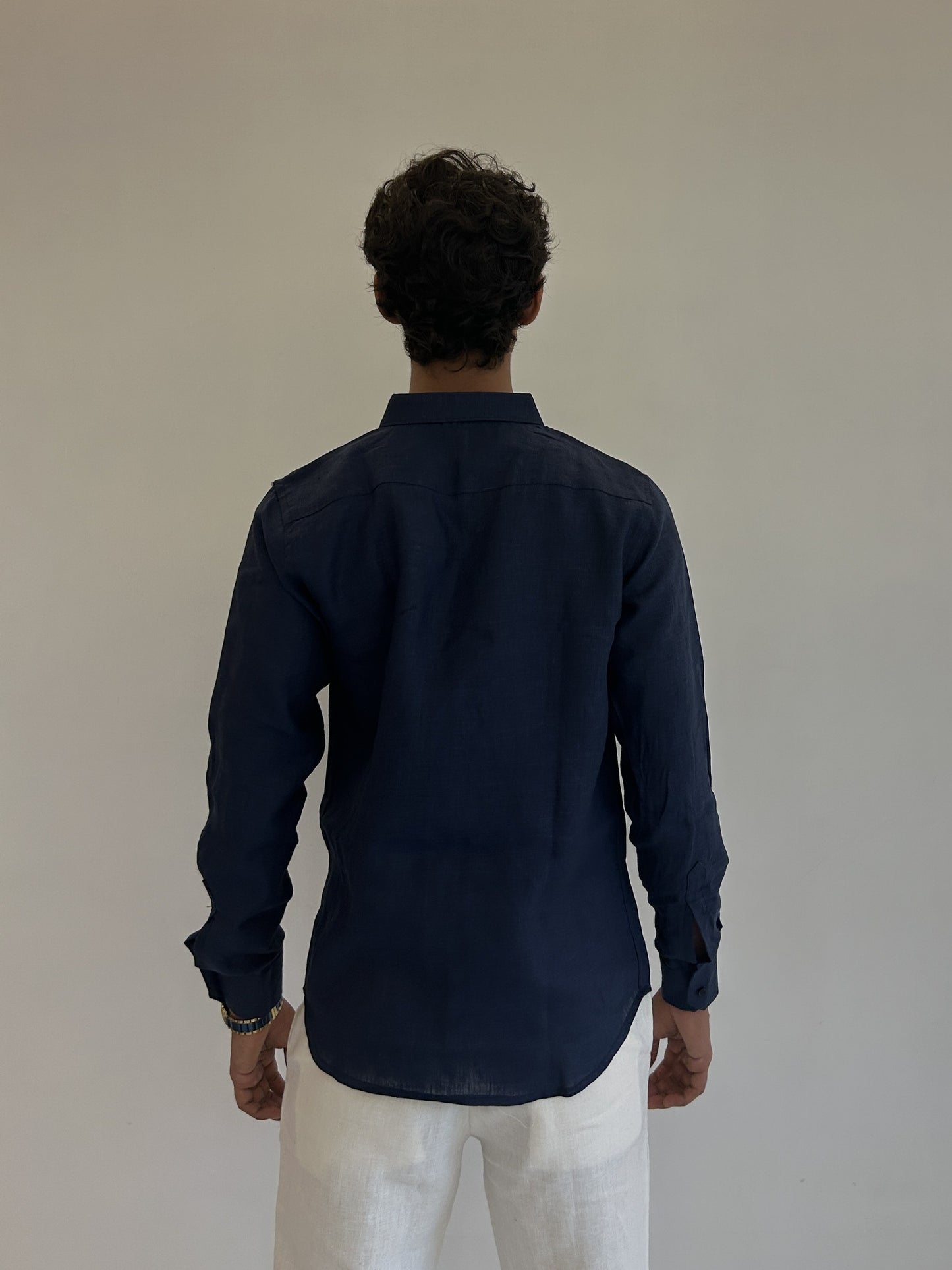 Men's Pure Linen Shirt – Deep Navy Classic with Pocket Sabr India