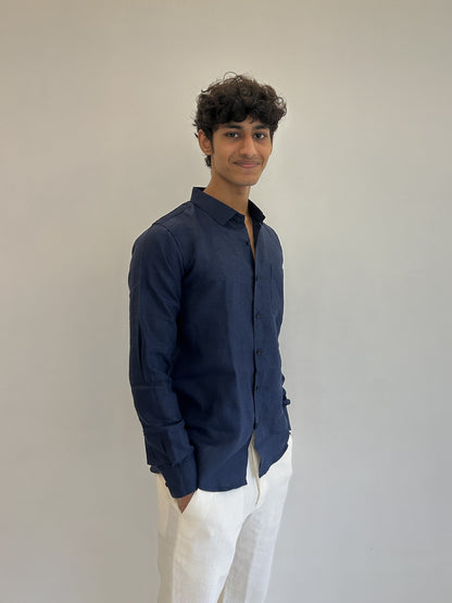 Men's Pure Linen Shirt – Deep Navy Classic with Pocket Sabr India