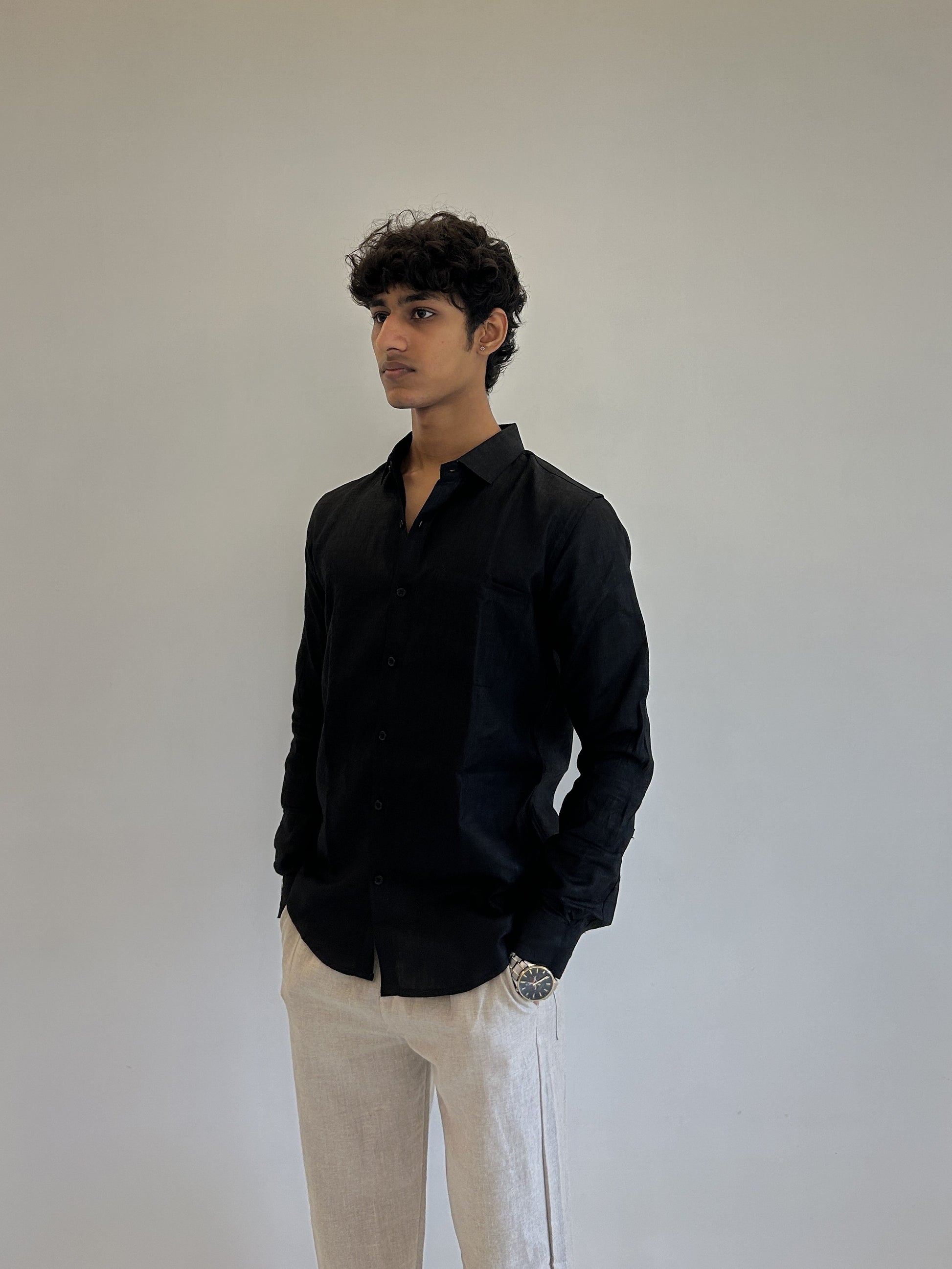 Men's Pure Linen Shirt – Classic Black with Pocket Sabr India