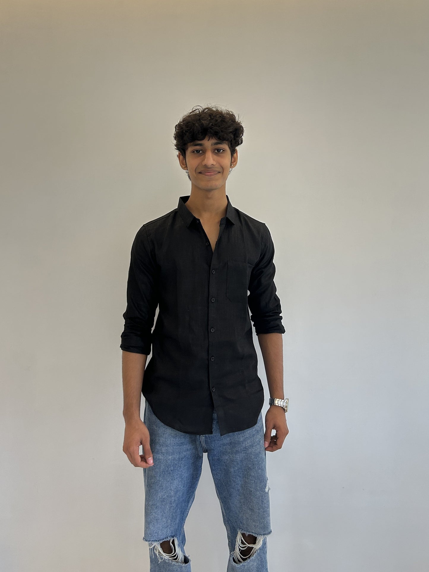 Men's Pure Linen Shirt – Classic Black with Pocket Sabr India