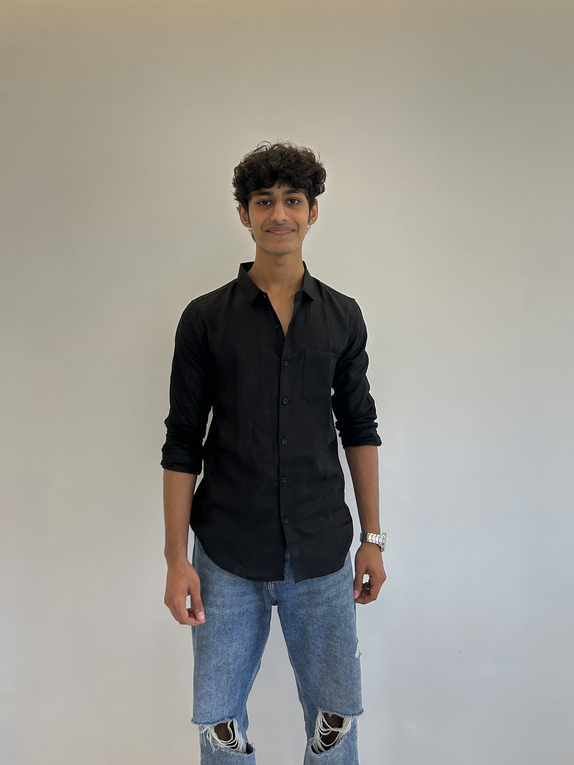 Men's Pure Linen Shirt – Classic Black with Pocket Sabr India