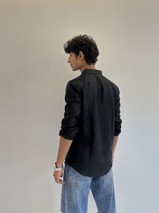 Men's Pure Linen Shirt – Classic Black with Pocket Sabr India