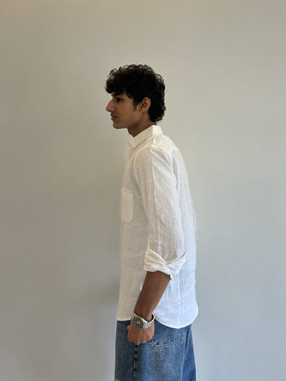 Men's Pure Linen Shirt – Classic White with Pocket
