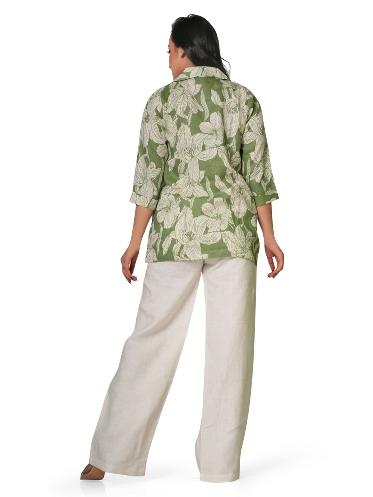 Women's Green Floral Printed Linen Kurti – V-Neck 3/4 Sleeve