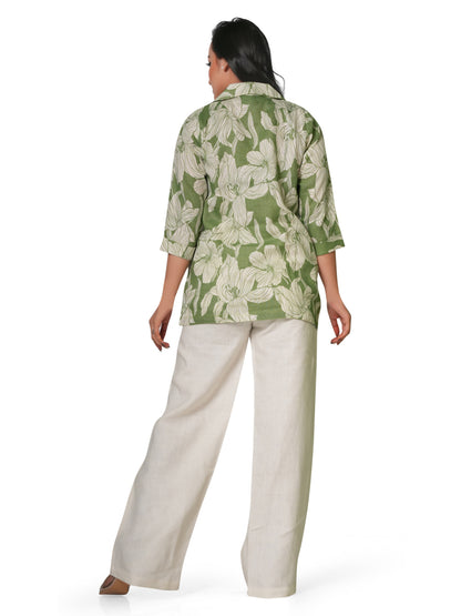 Women's Green Floral Printed Linen Kurti – V-Neck 3/4 Sleeve