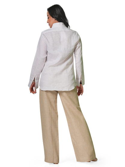 Women's Pure Linen Set – White Shirt & Beige Trousers