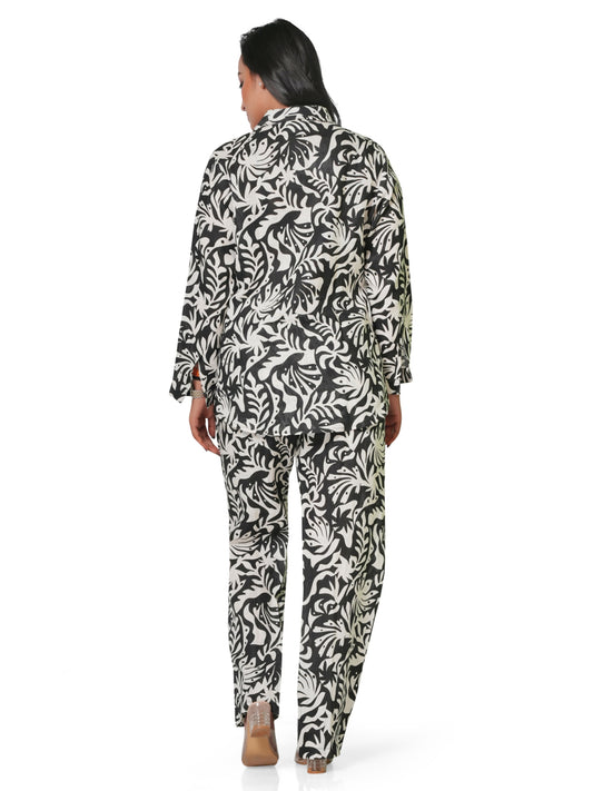 Women's Black & White Leaf Print Linen Co-ord Set – Shirt & Straight Pant Sabr India