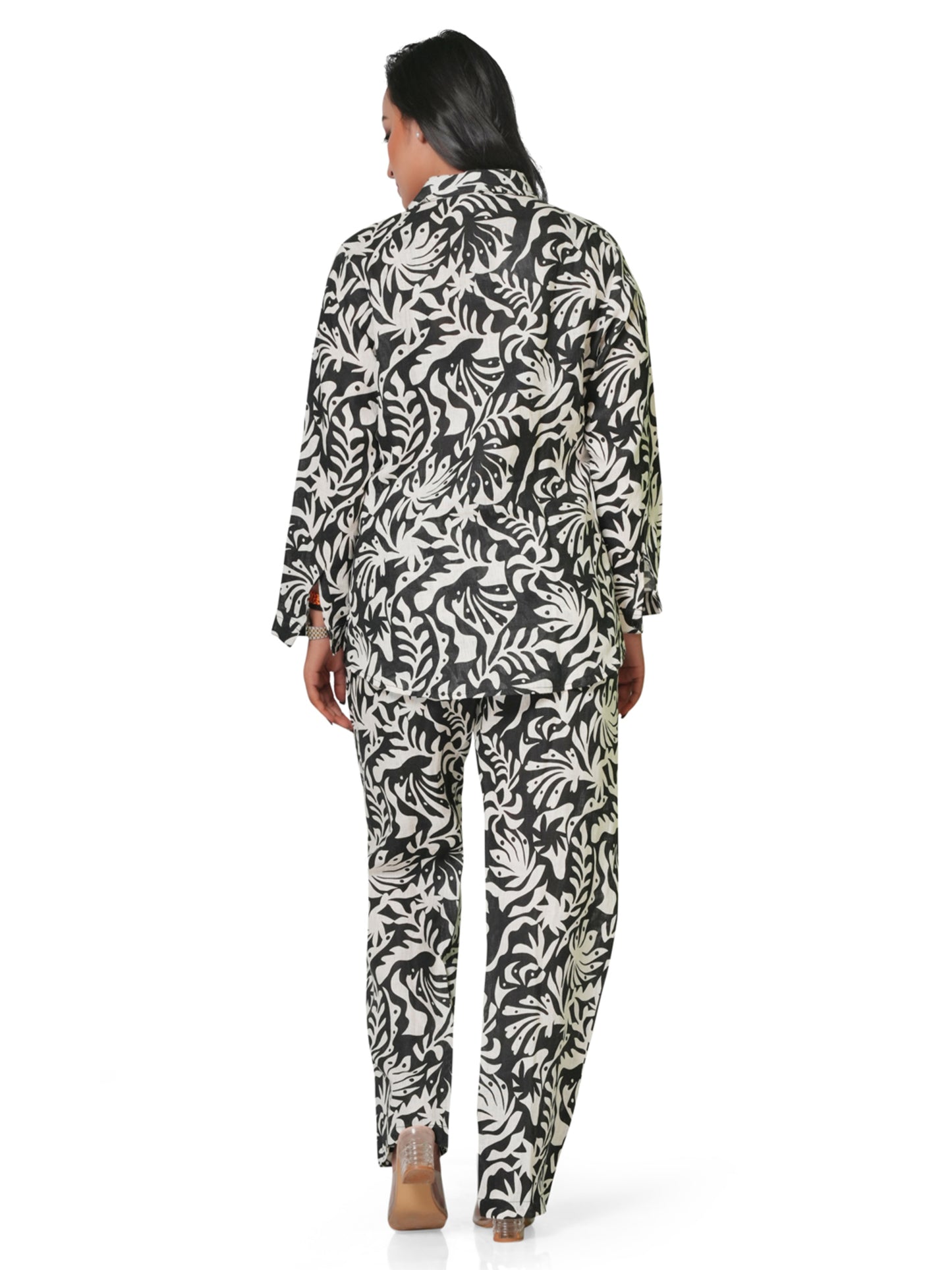 Women's Black & White Leaf Print Linen Co-ord Set – Shirt & Straight Pant