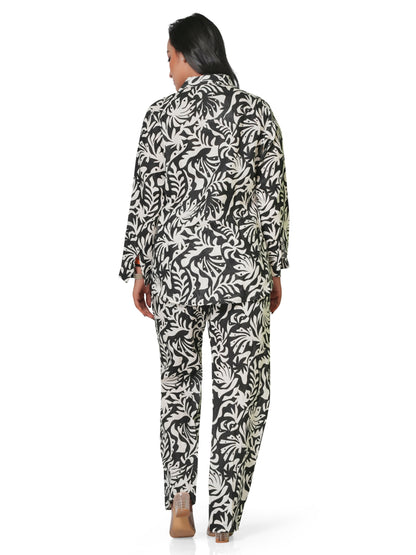 Women's Black & White Leaf Print Linen Co-ord Set – Shirt & Straight Pant
