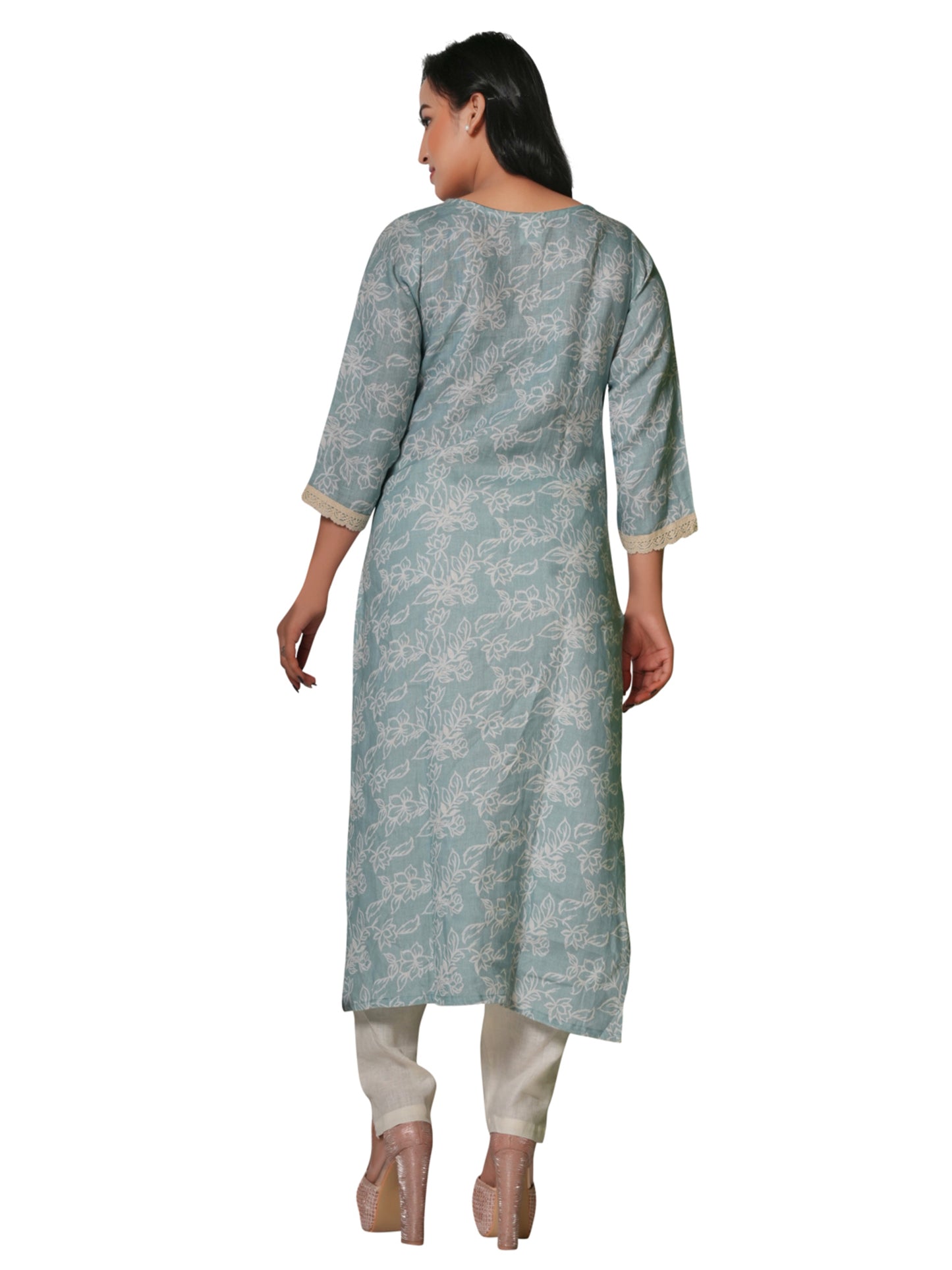 Mint Blue Floral Printed Linen Kurti with Lace Detailing