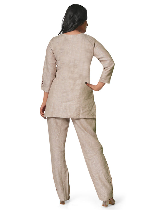 Women's Embroidered Pure Linen Co-ord Set – Beige Kurta & Straight Pants Sabr India