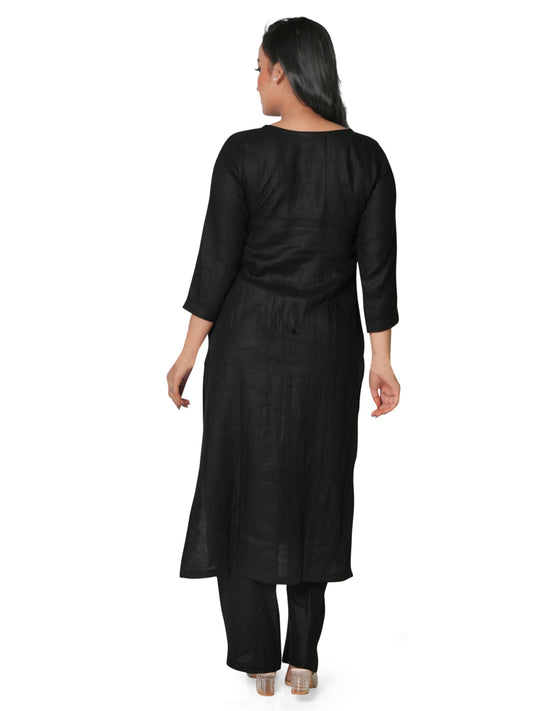 Solid Black Pure Linen Kurta Pant Co-Ord Set for Women Sabr India