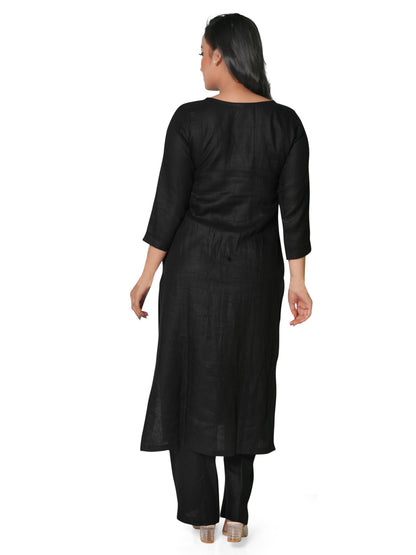 Solid Black Pure Linen Kurta Pant Co-Ord Set for Women